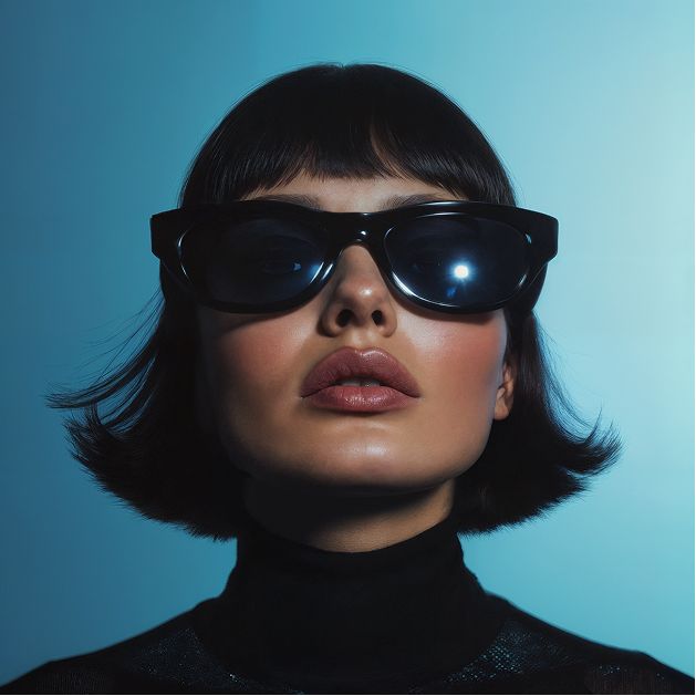 Hyperealistic close up frontal shot with studio light portrait style of woman wearing glasses on futuristic minimal infinite blue gradient background.